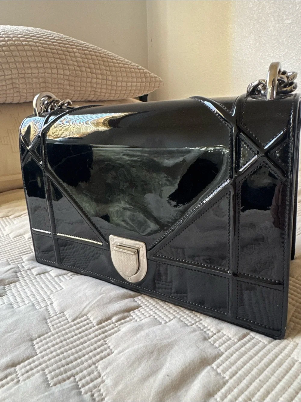 Dior Black Patent Leather Shoulder Bag with Silver Chain - Diorama bag